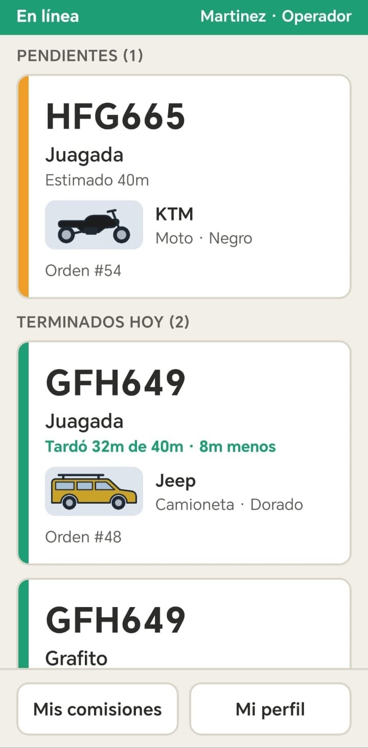 App del operador en el celular: su orden pendiente y las que terminó hoy, con lo que tardó frente al estimado y los accesos a sus comisiones y a su perfil.